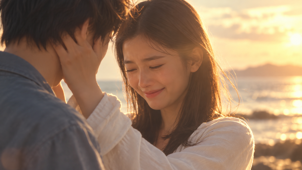 イメージ：映画『きみの瞳が問いかけている』のラストで夕暮れの海辺で再会する塁と明香里