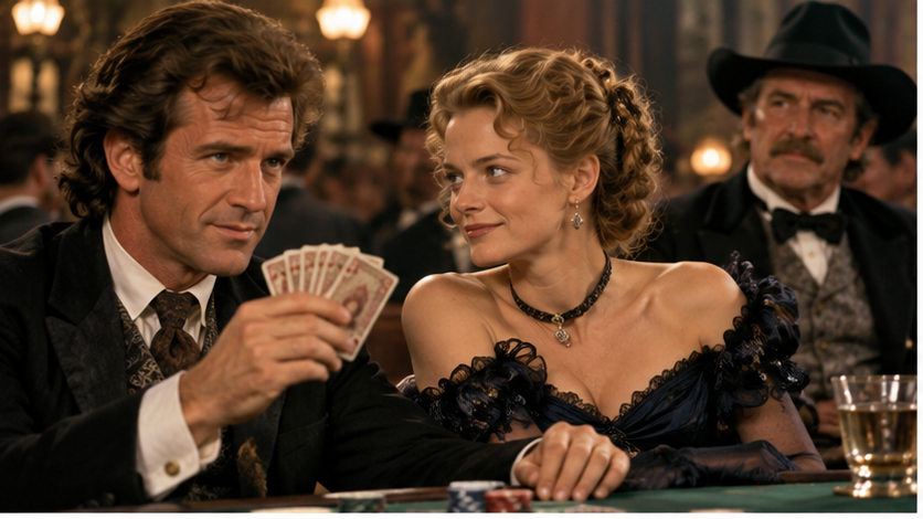 イメージ:映画『マーヴェリック』でポーカーをするマーヴェリックとアナベル、後方から見守るクーパー