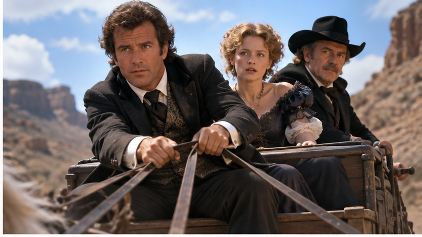 イメージ:映画『マーヴェリック』で暴走する駅馬車を操るマーヴェリックとアナベル、クーパー