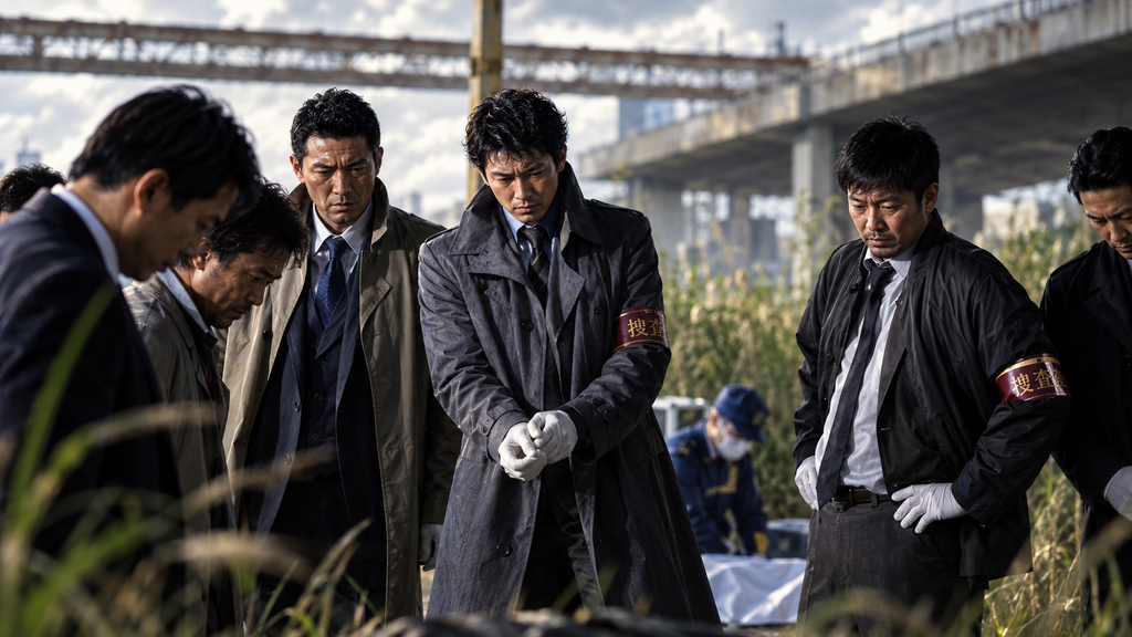 イメージ:映画『ミュージアム』で高架下の事件現場で証拠を確認する刑事たち