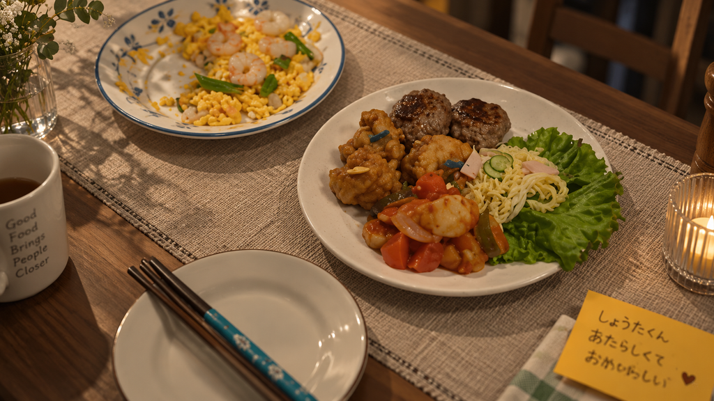 イメージ:映画『ミュージアム』で食卓に料理と手書きのメモが並ぶ