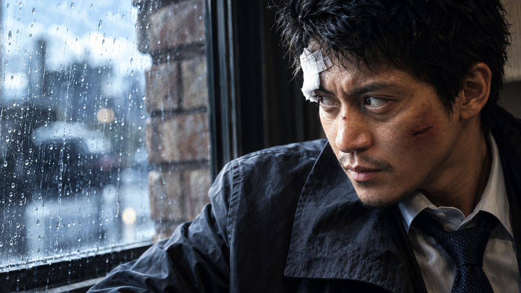 イメージ:映画『ミュージアム』で雨に濡れた窓辺で顔に傷と包帯を負った久志