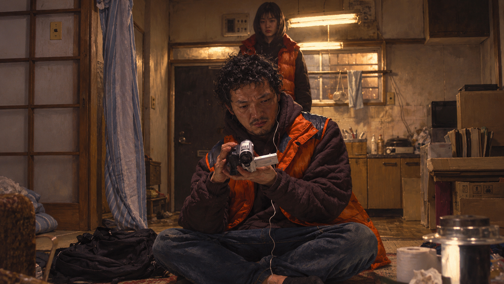 イメージ：映画『隣人13号』の部屋で、ビデオカメラを確認する13号と背後に立つ十三