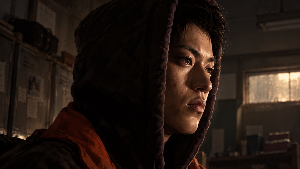 イメージ：映画『隣人13号』を思わせる薄暗い室内で、黒いフードをかぶり不安げな表情を浮かべる十三