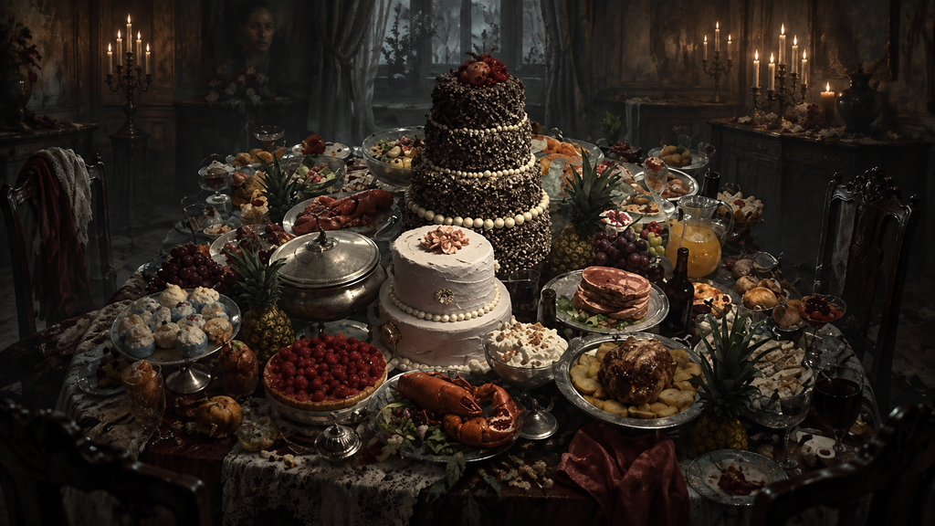 イメージ：映画『プラットフォーム』の富と資源の偏りを象徴した豪華な料理が並ぶ食事台