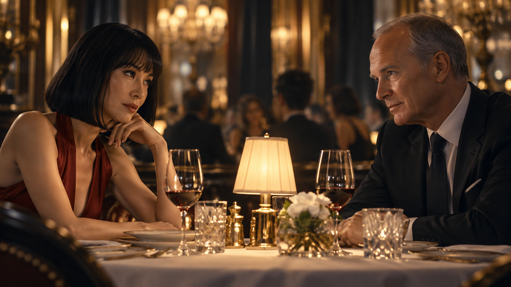 映画『マーベラス』でアンナとレンブラントがレストランで互いの狙いを探り合う場面