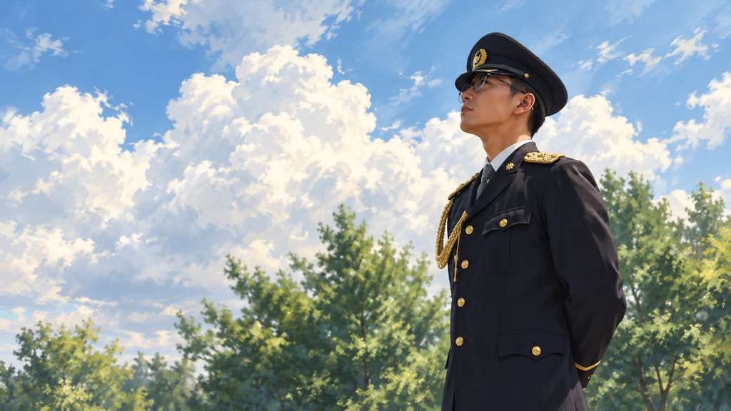 映画『教場 Requiem』のラストをイメージした、夕暮れの窓辺に立つ風間公親の横顔