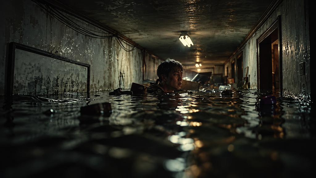 映画『パラサイト 半地下の家族』で豪雨の中で焦るキム一家