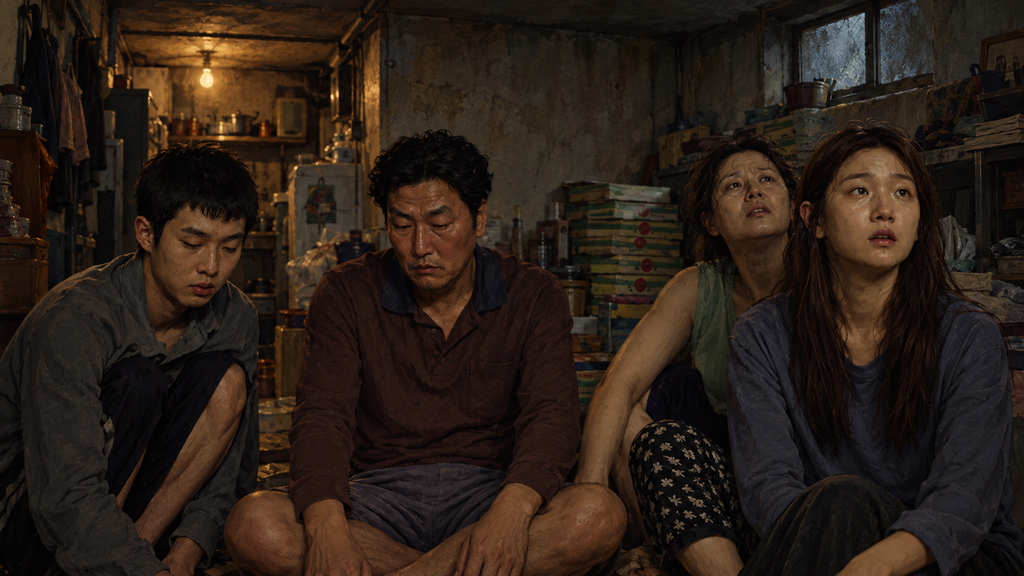 映画『パラサイト 半地下の家族』で狭い半地下住宅に集まるキム一家と低い窓