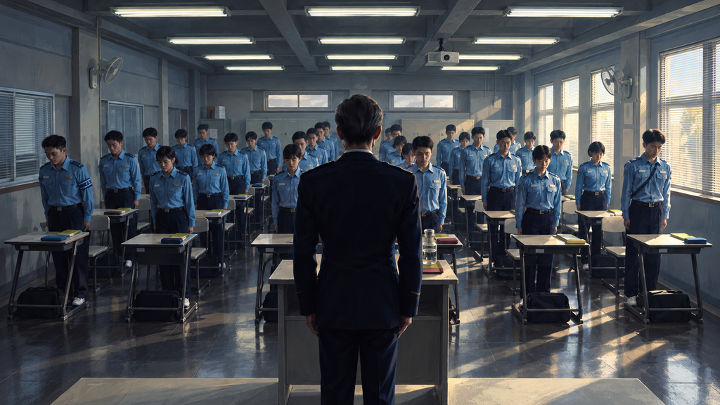 映画『教場 Requiem』の風間公親をイメージした白髪の教官と警察学校の生徒たち