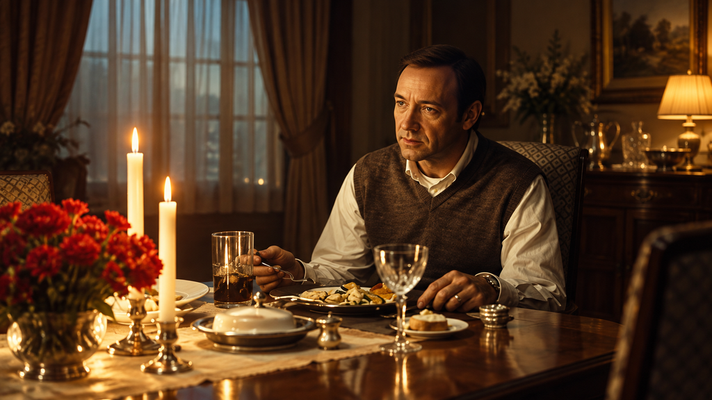 映画『アメリカン・ビューティー』の主人公レスターをイメージした男性が、赤い花とキャンドルのある食卓で物思いにふける