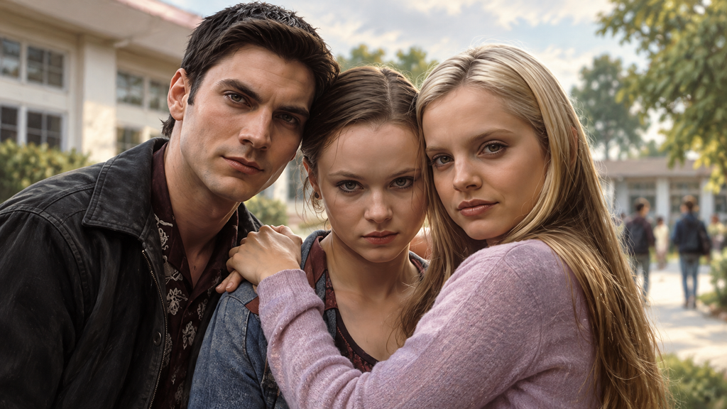 映画『アメリカン・ビューティー』のリッキー、ジェーン、アンジェラをイメージした3人の若者が校舎前に並ぶ
