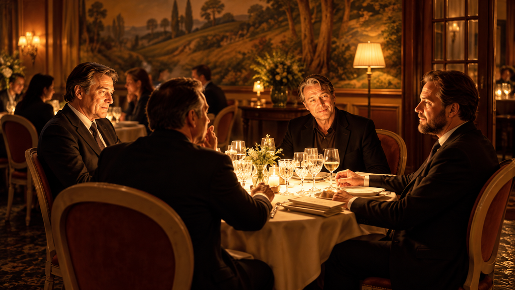映画『アナザーラウンド』の飲酒実験のきっかけとなる、レストランで語り合う4人の教師
