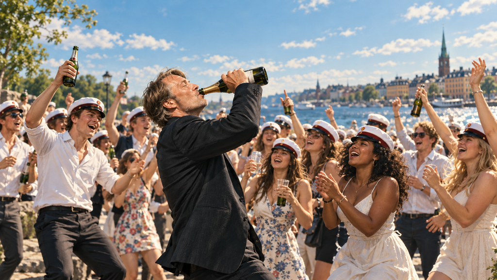 映画『アナザーラウンド』のラストをイメージした、卒業生たちに囲まれて酒を飲むマーティ