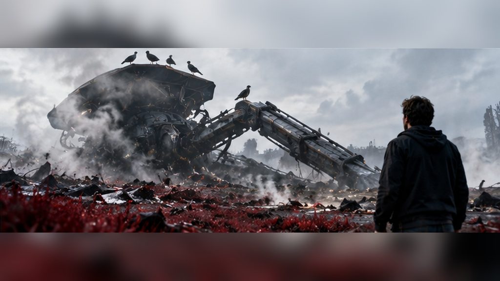 映画『宇宙戦争』終盤で鳥がトライポッドに止まりシールド消失が判明する場面