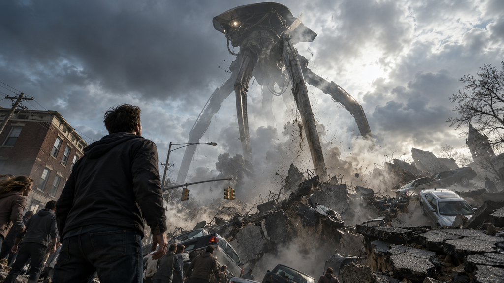 映画『宇宙戦争』で地割れした交差点から巨大なトライポッドが出現する場面