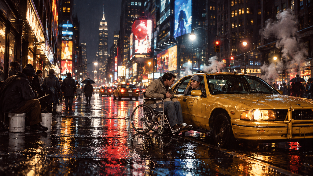 雨に濡れたニューヨークの夜景と黄色いタクシー、車いすの男性が運転手に話しかける場面