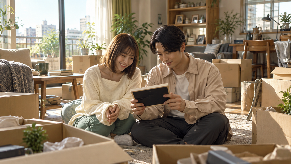 『スマホを落としただけなのに 最終章』で、引っ越し中の男女が思い出の品を一緒に見つめる日常の場面