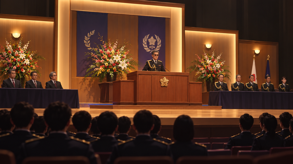 映画『教場 Requiem』の卒業式会場で、風間教官と緊迫した場面