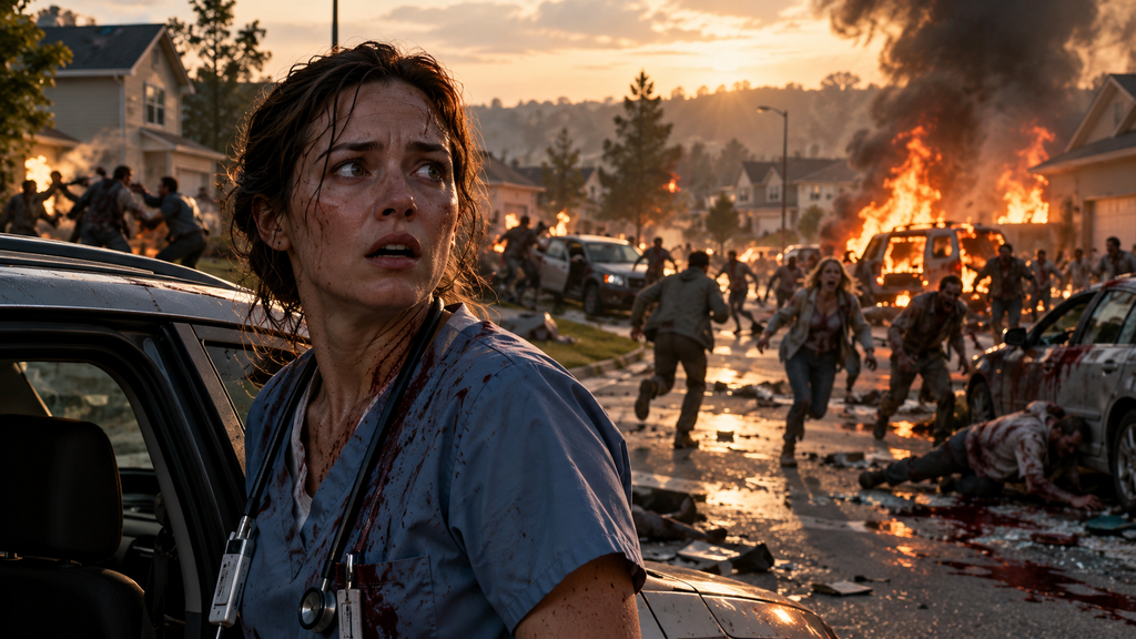 映画『ドーン・オブ・ザ・デッド』で、炎上する住宅街とゾンビから逃げる看護師アナ