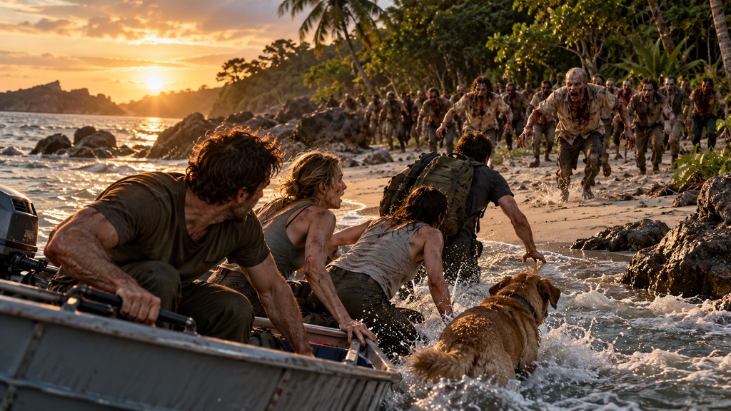 映画『ドーン・オブ・ザ・デッド』の結末で、島に上陸した生存者たちにゾンビの大群が迫る様子