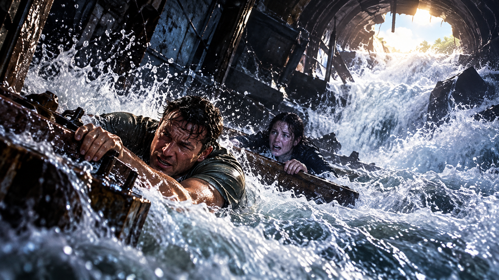 映画『デイライト』の終盤で、崩壊したトンネルの激流に流されながら必死に脱出を目指すキットとマデリーン