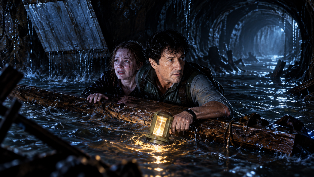 映画『デイライト』で水没した地下通路の木材につかまり、脱出方法を探すキットとマデリーン