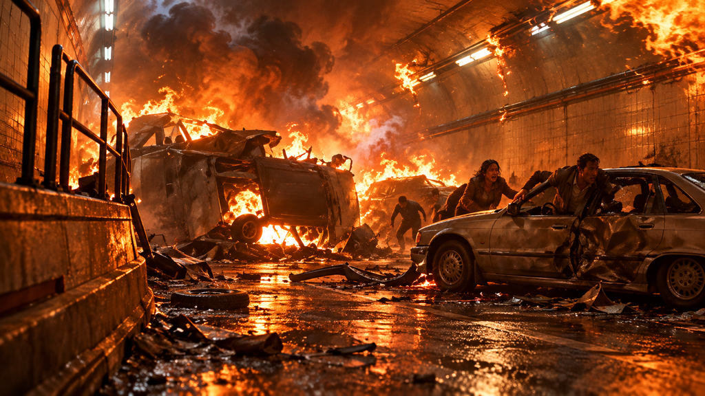 映画『デイライト』で大爆発が発生し、炎上する車両と逃げ惑う人々を描いたトンネル内部