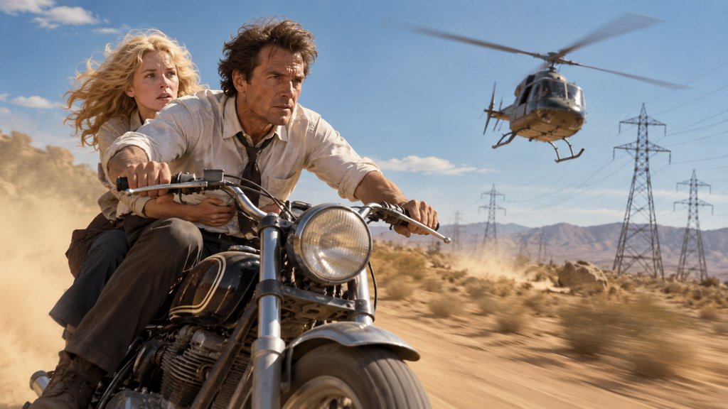 映画『ガントレット』でショックリーとマリーがバイクでヘリの追撃から逃げる砂漠の場面