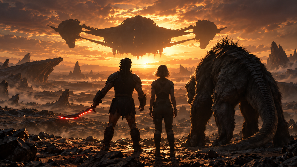 プレデター バッドランドのラストでデクとティア、バドが母親を示唆する巨大宇宙船を見上げる場面