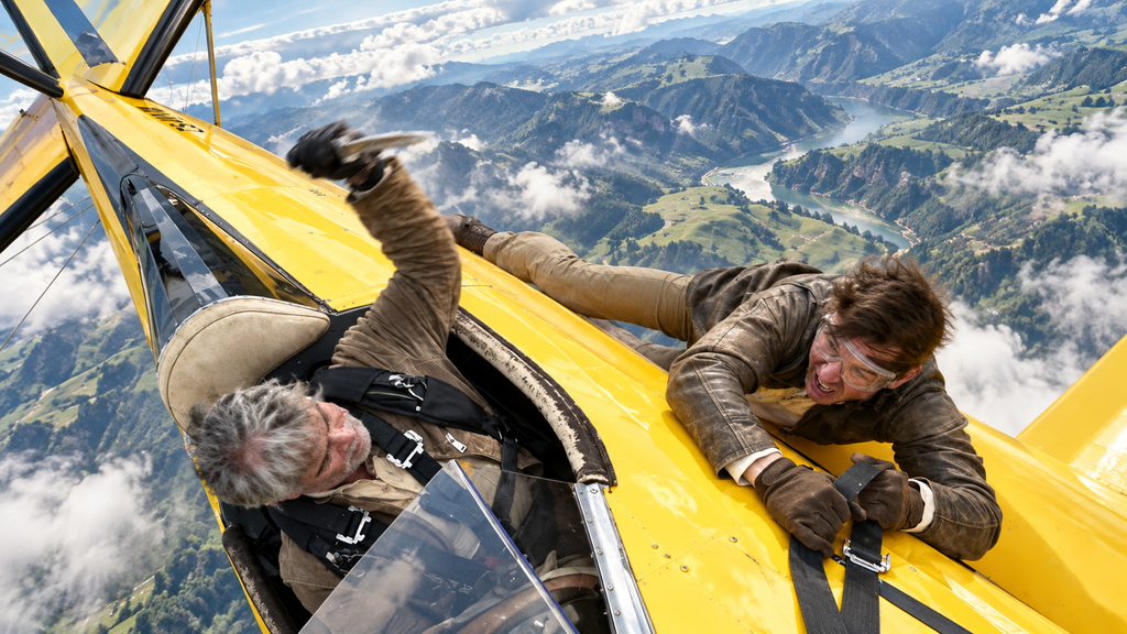 ファイナル・レコニング終盤で、複葉機上のイーサンとガブリエルがポイズン・ピルを巡って戦う場面