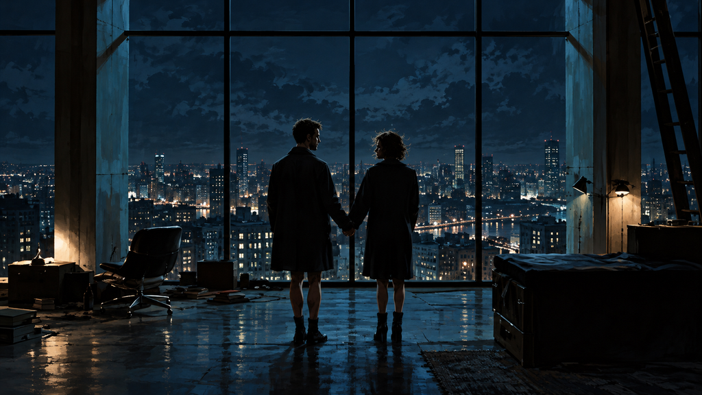 映画『ファイト・クラブ』のラストをイメージした、赤い革ジャンの男性と黒い服の女性が手をつなぎ、崩壊する高層ビルを見つめるイラスト