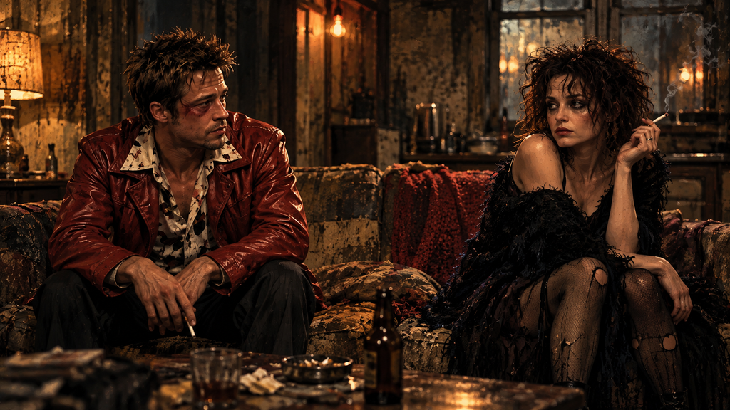 映画『ファイト・クラブ』をイメージした、傷のある赤い革ジャンの男性と黒い服のマーラ風の女性が、薄暗い部屋のソファで距離を置いて座るイラスト