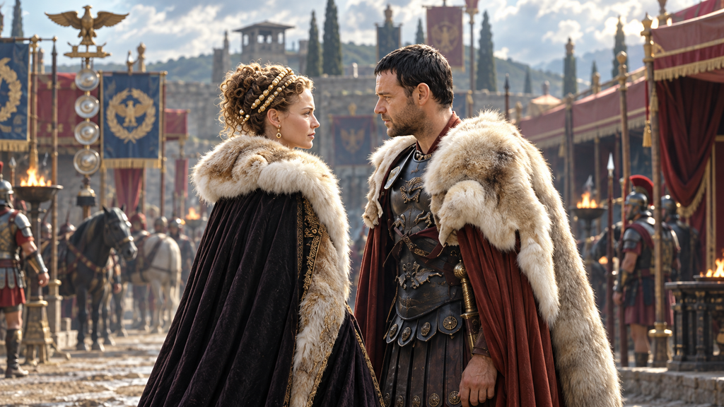映画『グラディエーター』のマキシマスとルッシラをイメージした、古代ローマの軍営で向き合う男女