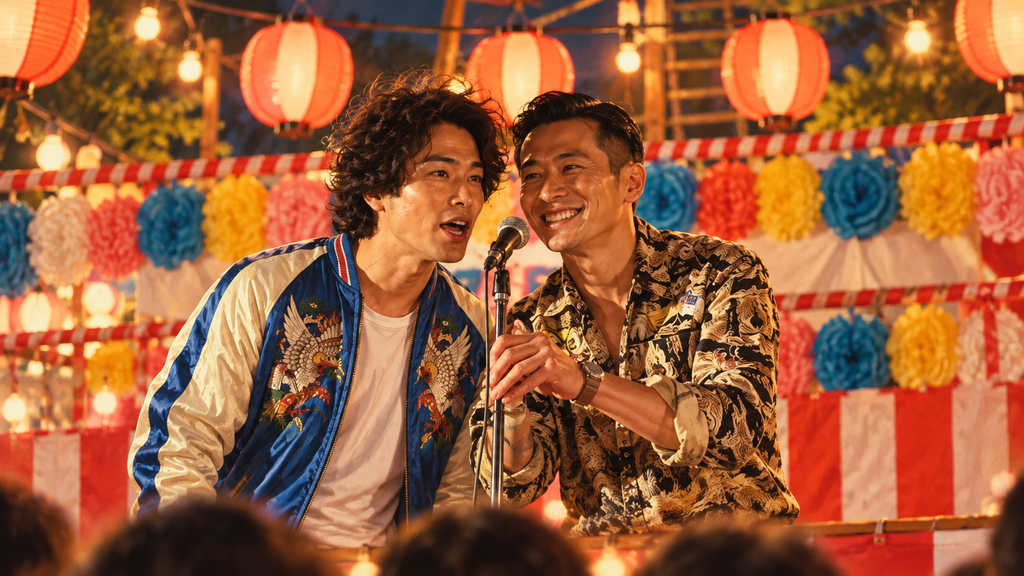 映画『火花』をイメージした、提灯が並ぶ夏祭りのステージでマイクに向かって漫才をする二人の男性