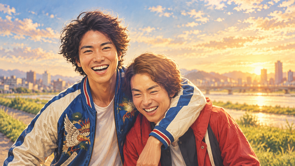 映画『火花』をイメージした、夕暮れの川辺で笑顔を見せながら肩を組む二人の男性