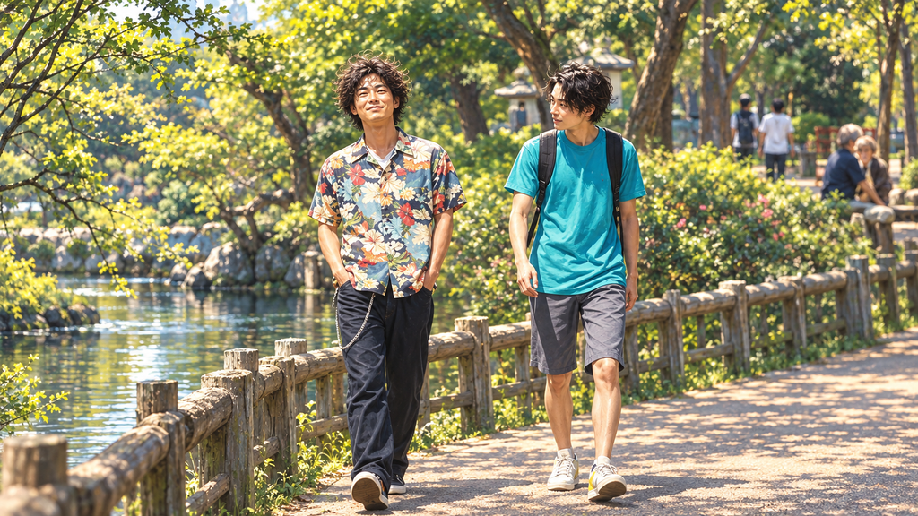 映画『火花』をイメージした、緑豊かな公園の水辺を並んで歩く二人の若い男性