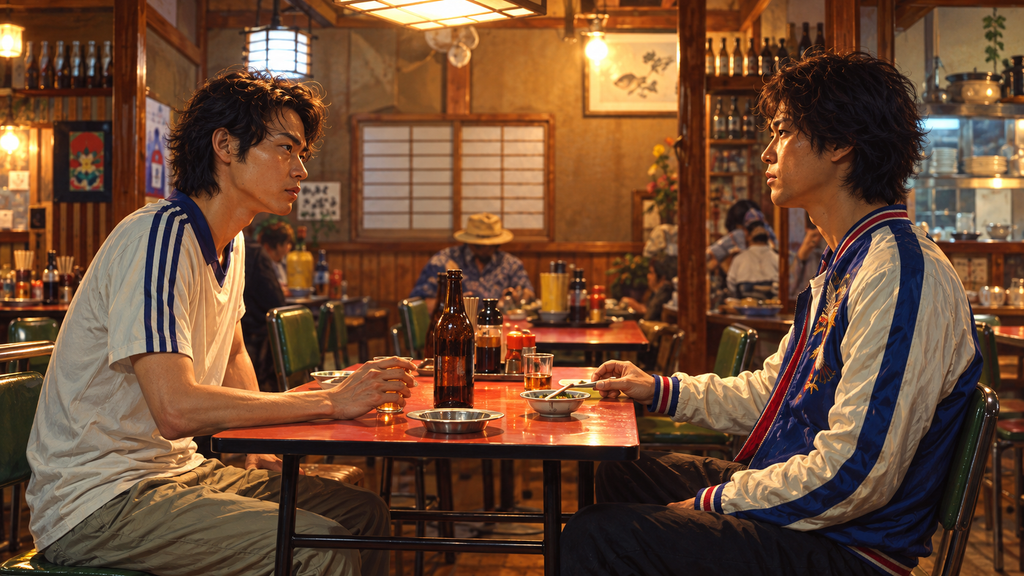 映画『火花』をイメージした、居酒屋のテーブルを挟んで真剣な表情で向かい合う二人の男性