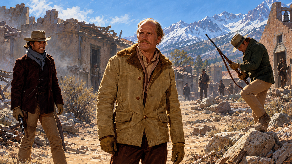 映画『シノーラ』の結末で判事の椅子に座ったジョー・キッドが銃を構え、地主ハーランと最後の対決に臨む場面のイメージイラスト