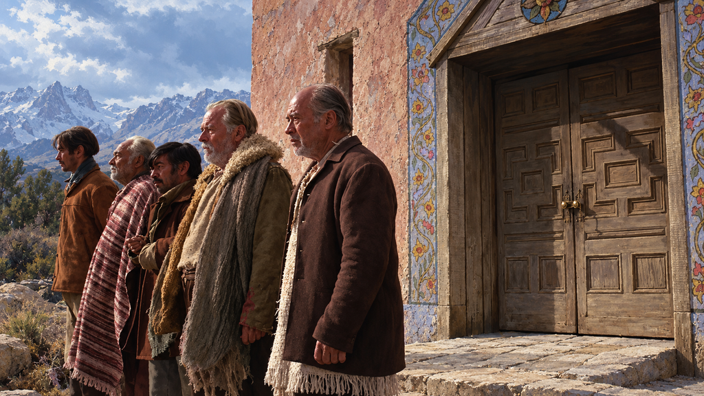 映画『シノーラ』でハーランが教会前のメキシコ系住民を脅し、ジョー・キッドと対立する緊迫した場面のイメージイラスト