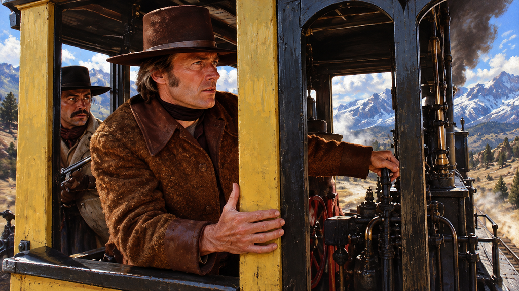 映画『シノーラ』のクライマックスでジョー・キッドが蒸気機関車を酒場へ突入させ、ハーラン一味を奇襲する場面のイメージイラスト