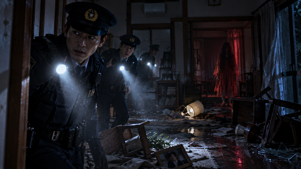 映画『カラダ探し2』のエンドロール後をイメージした、暗い室内を懐中電灯で捜索する警察官たちと赤い服の少女