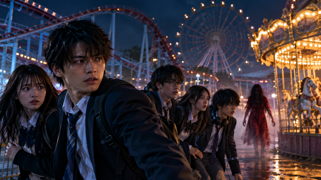 映画『カラダ探し2』をイメージした夜の遊園地で、制服姿の高校生たちが赤い服の少女を警戒する場面