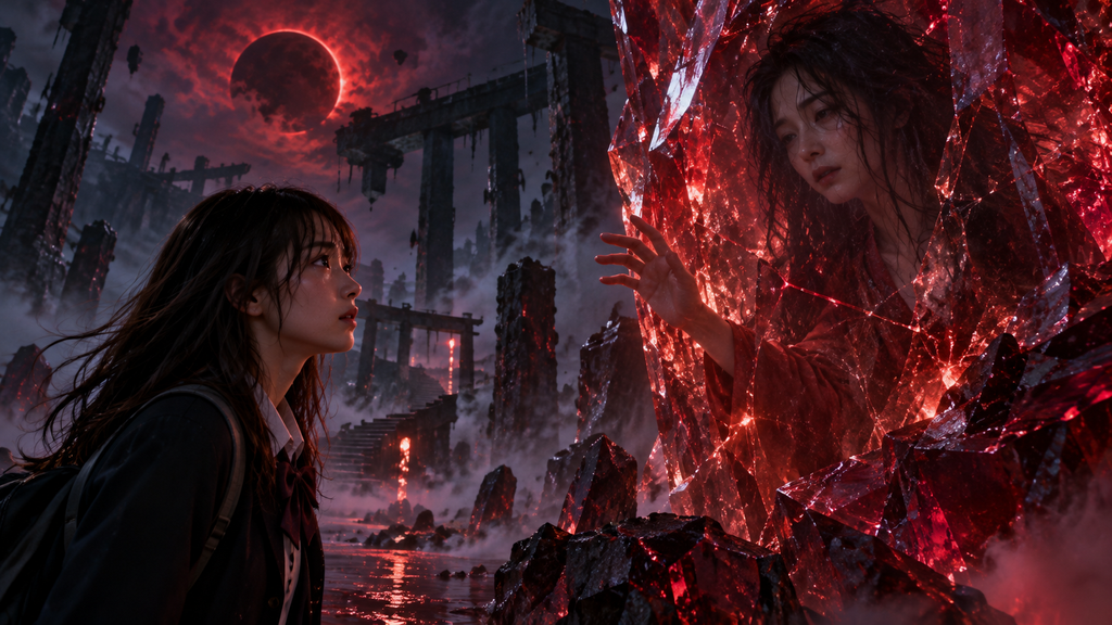 映画『カラダ探し2』をイメージした死者の世界で、制服姿の少女が巨大な赤い結晶に囚われた謎の女性と向き合う場面