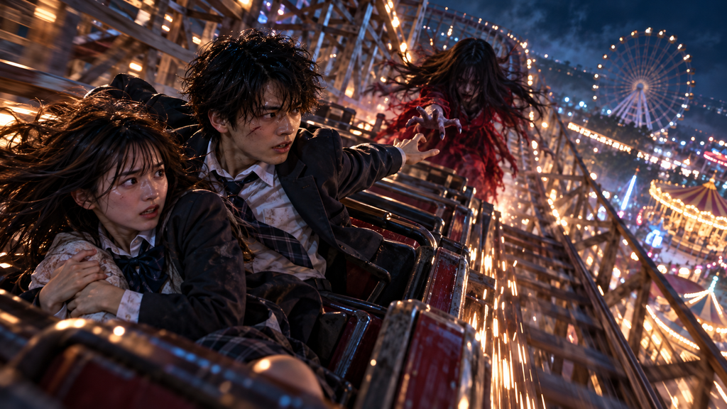 映画『カラダ探し2』の最終決戦をイメージした、夜の木製ジェットコースターで赤い人の襲撃から身を守る男女の姿