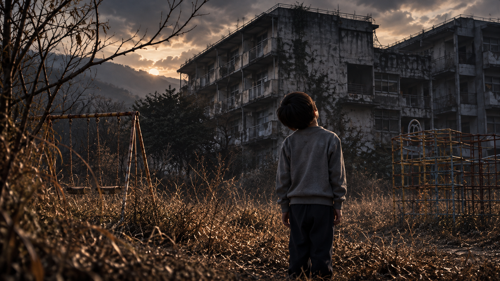 映画『近畿地方のある場所について』に登場する団地の怪談をイメージした、荒れ果てた遊び場で建物を見上げる少年