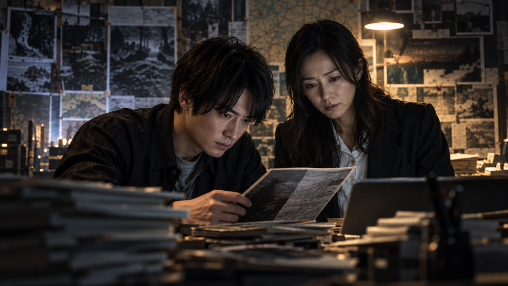 映画『近畿地方のある場所について』で、薄暗い部屋に集めた資料を調べる小沢悠生と瀬野千紘のイメージ