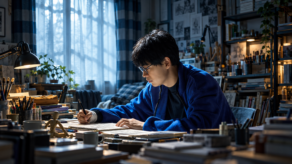 イメージ：映画『ブラック・ショーマン』で津久見のアイデアを抱え苦悩する漫画家・釘宮克樹