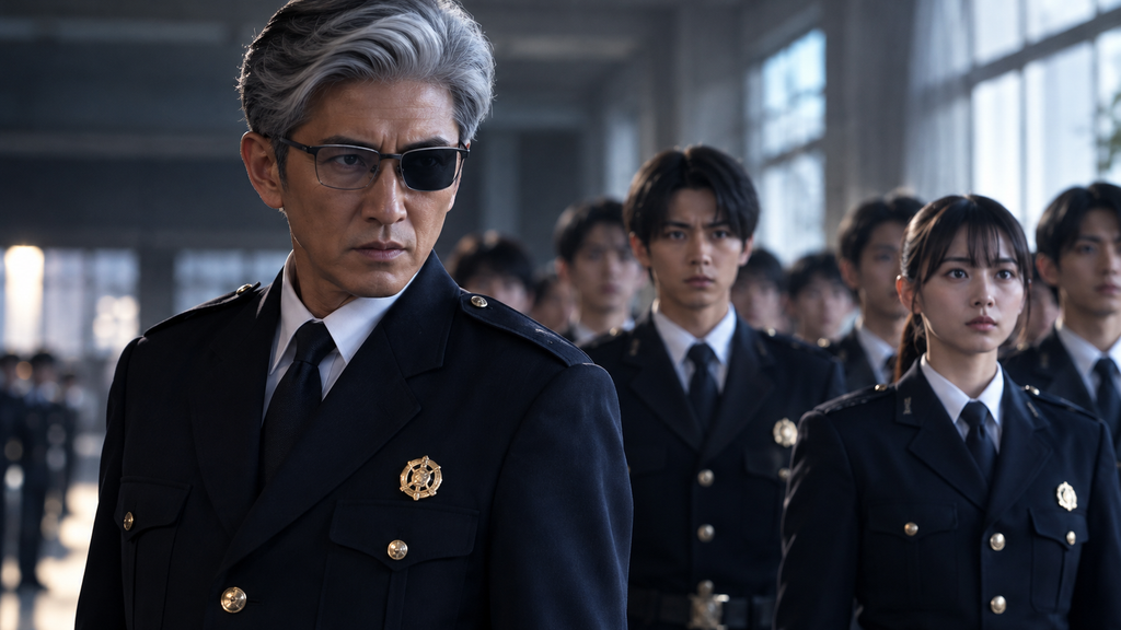 映画『教場 Reunion』の風間公親をイメージした銀髪の教官と、背後に整列する第205期生のイラスト