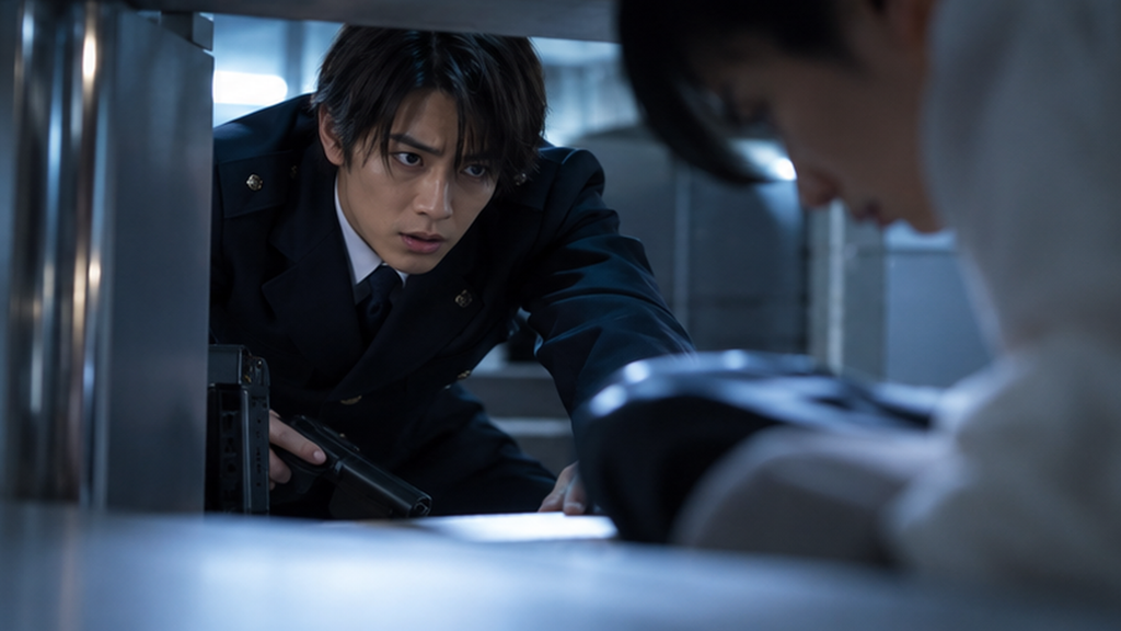 映画『教場 Reunion』の緊迫した事件をイメージした、拳銃を手に物陰から身を乗り出す男性訓練生のイラスト